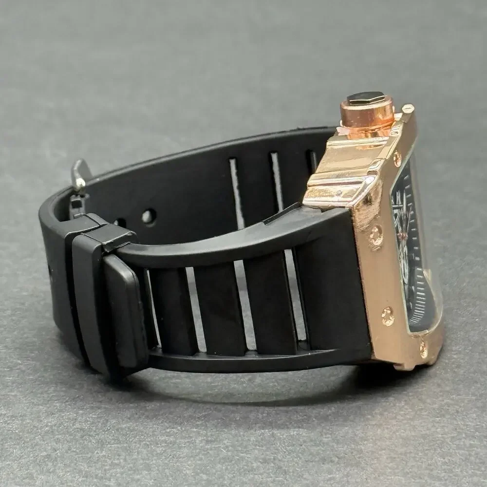 Rose Gold Tone Tonneau Men's Watch Heavy Face Black Silicone Rubber Sport Band